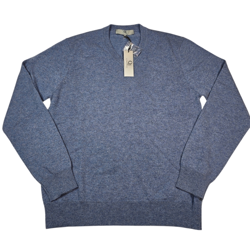 Qi New York Men's 100% Cashmere Blue Casual V-Neck Sweater Pullover, Size Medium